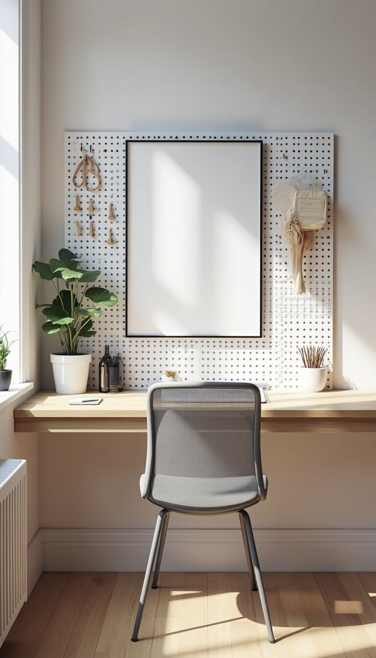 Scandinavian-style workspace with floating bleached oak desk, light grey mesh chair, white pegboard wall, and black and white typography print.