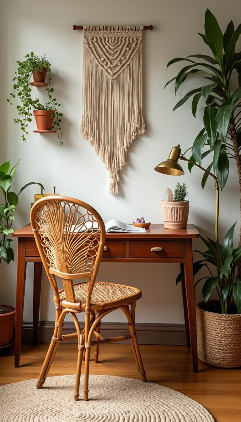 Bohemian workspace with rattan peacock chair, vintage wood desk, macramé wall art, copper shelves with plants and crystals, ceramic decor, brass lamp, and natural fiber rug in morning light.