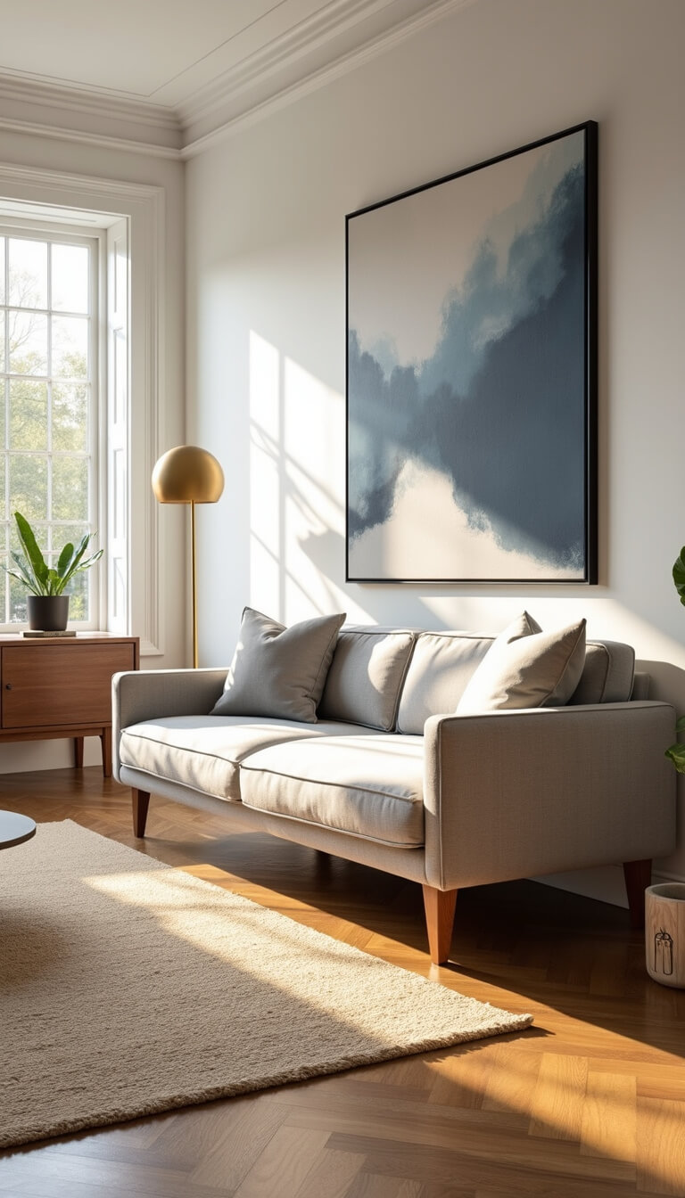 Bright 12x14ft living room at golden hour with sunlight through tall windows, featuring light gray sofa, abstract art, oak herringbone floors, jute rug, walnut media console, and brass floor lamp.