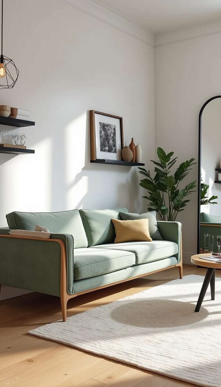 Scandinavian-style living room with light sage loveseat, cream wool rug on oak floors, black floating shelves, and large mirror enhancing space.