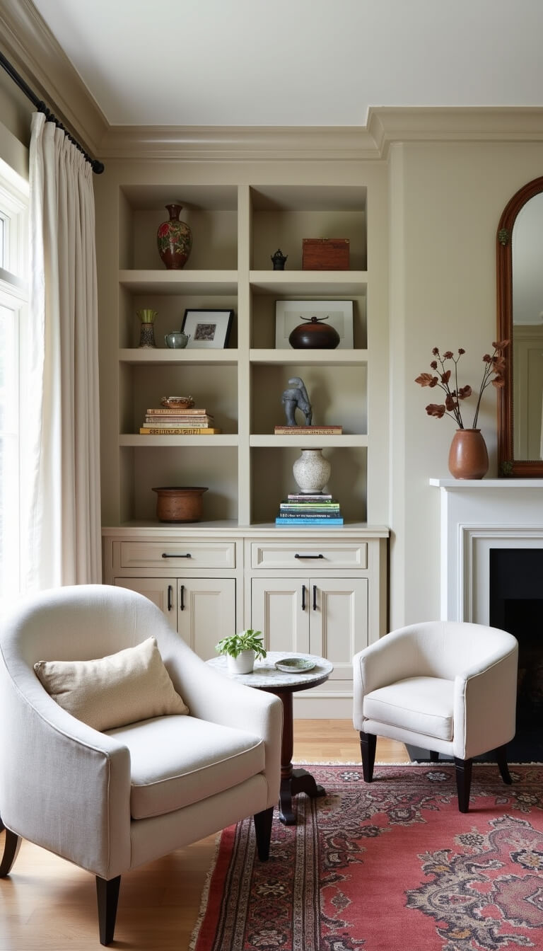 Compact living room with white bouclé chairs, marble side table, greige built-ins, arched mirror, and vintage rug on pale oak floors.