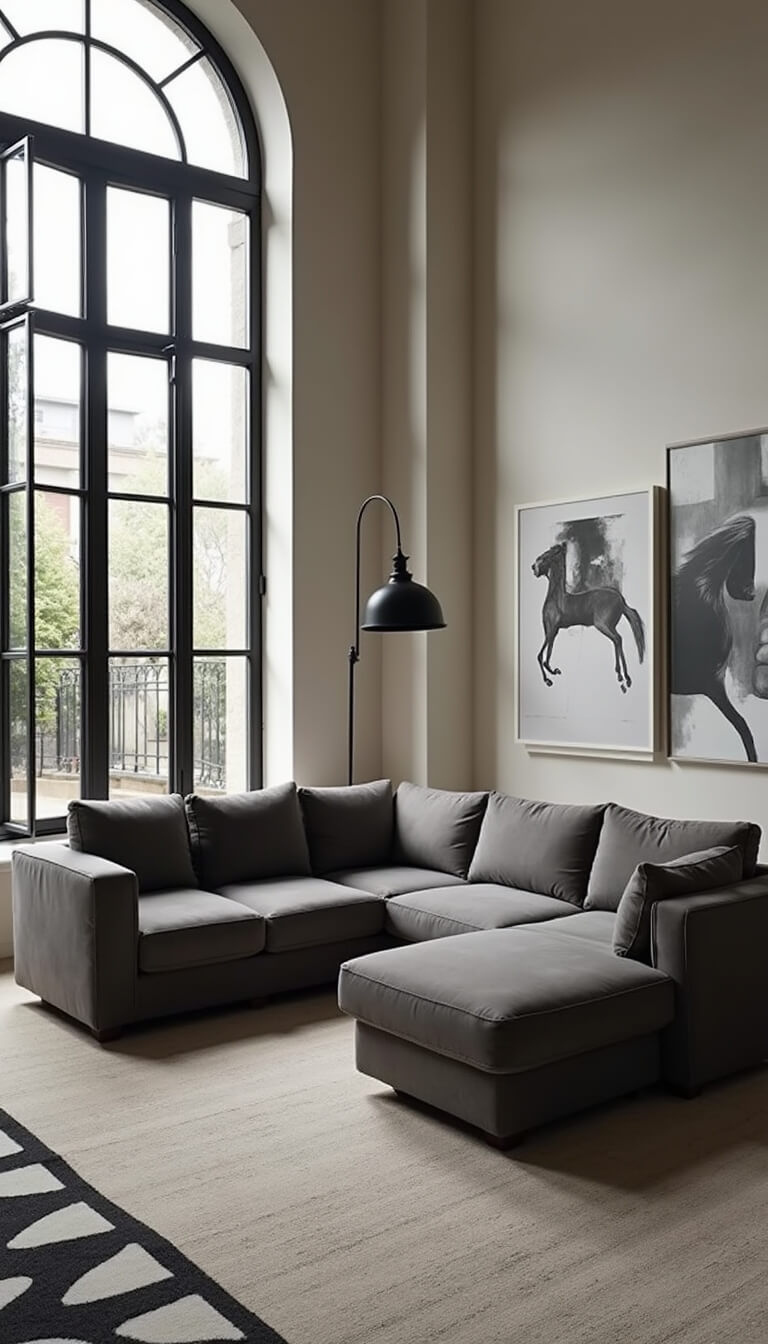 Dusk-lit modern room with gray velvet modular sofa, black metal windows, minimalist black floor lamp, large black and white photography, and geometric cream and charcoal wool rug.