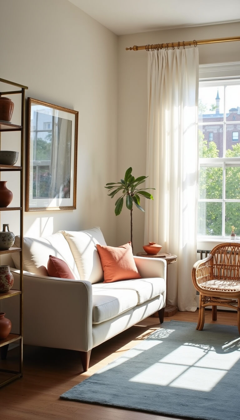 Sunlit room with cream curved sofa, rattan chair, brass étagère holding earth-tone pottery, sheer curtains, and blue vintage rug.