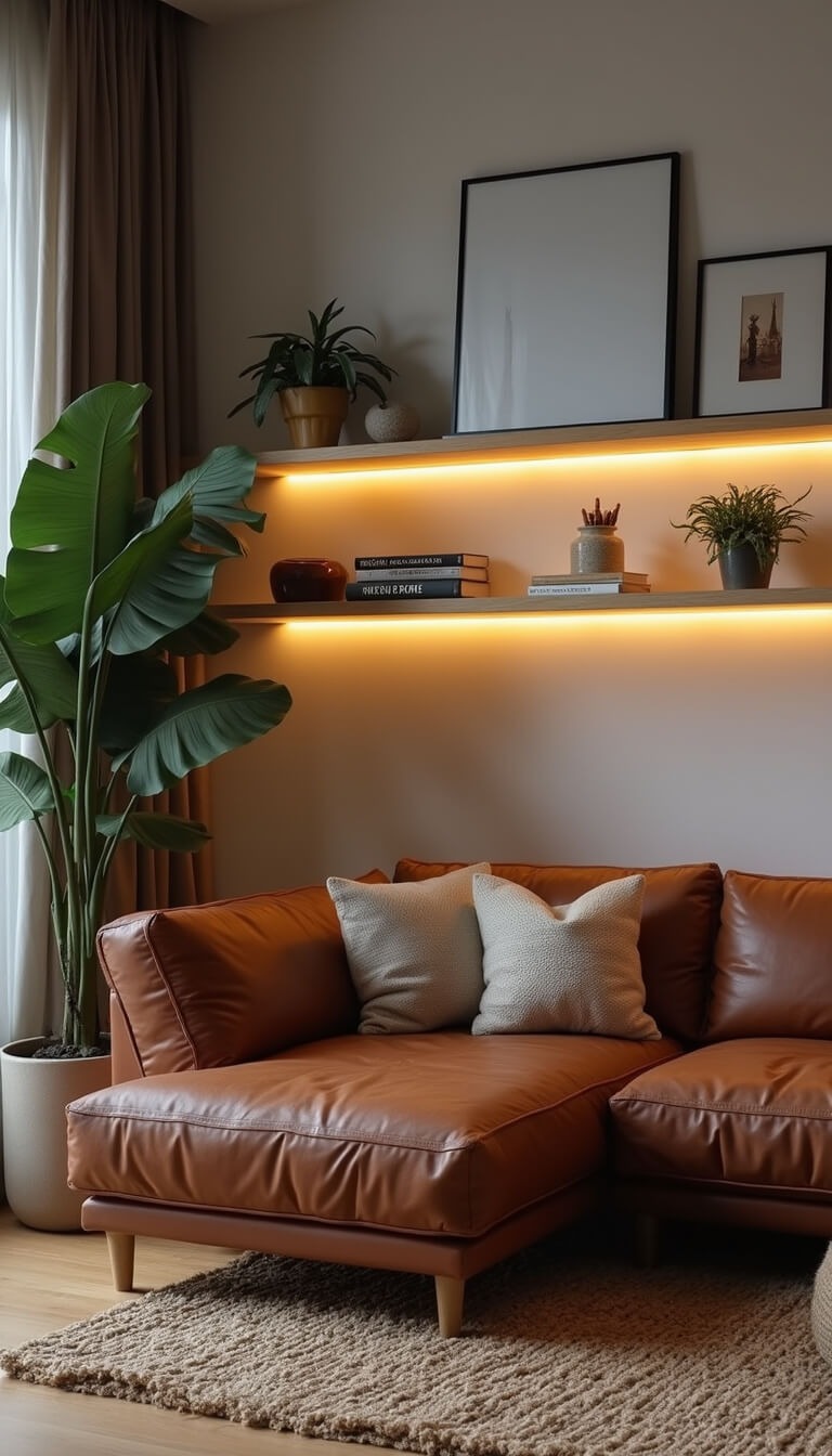 Modern 12x12ft living room at twilight with cognac leather sectional, white oak floating shelves with LED lighting, monstera plant, and textured sisal rug under moody ambient lighting.