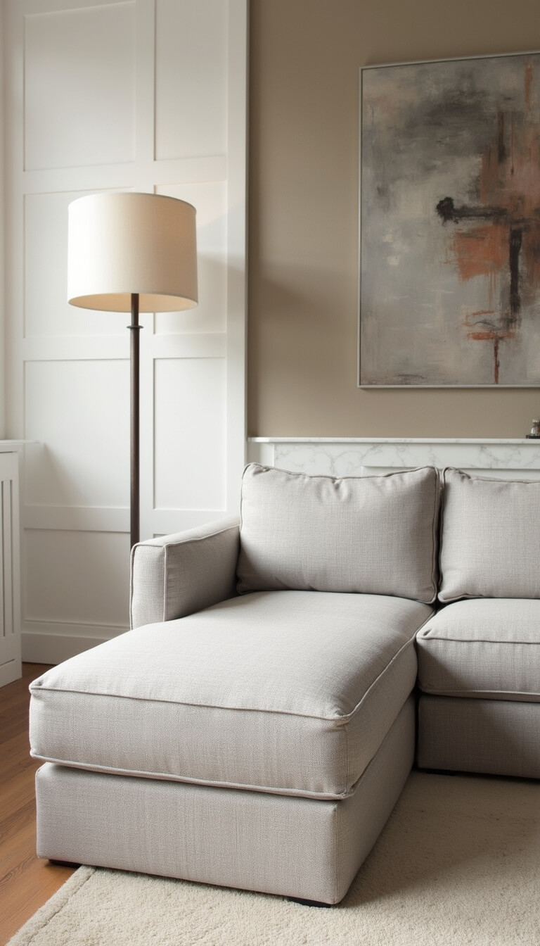 Light-filled 11x14ft living room with light gray linen sectional, marble console table, paper-shade floor lamp, and abstract muted wall tapestry.