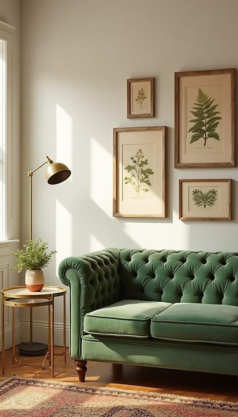 Cozy 10x13ft room during golden hour with sage green channel-tufted velvet sofa, brass and glass nesting tables, vintage botanical gallery wall, and layered natural fiber and Moroccan rugs.