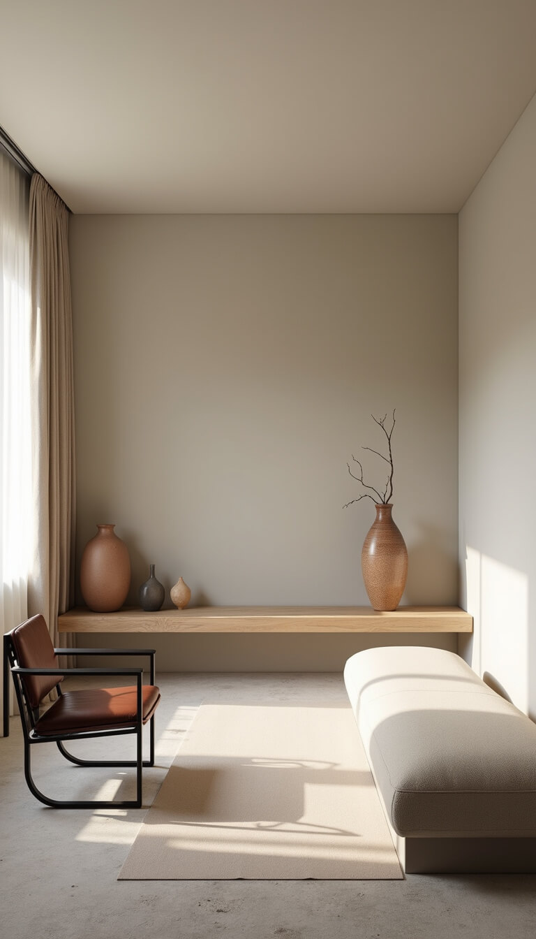 Minimalist 13x13ft room with oatmeal bouclé platform sofa, black metal chairs, floating bleached oak media unit, and large ceramic vessel in soft morning light.
