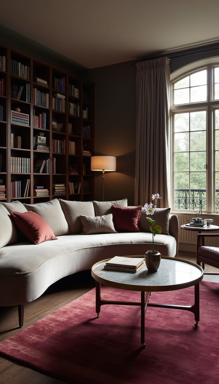Elegant 12x15ft room at dusk with curved pearl gray velvet sofa, vintage leather chair, brass and marble coffee table, minimalist floor-to-ceiling bookshelf, and deep burgundy overdyed rug in dramatic side lighting.