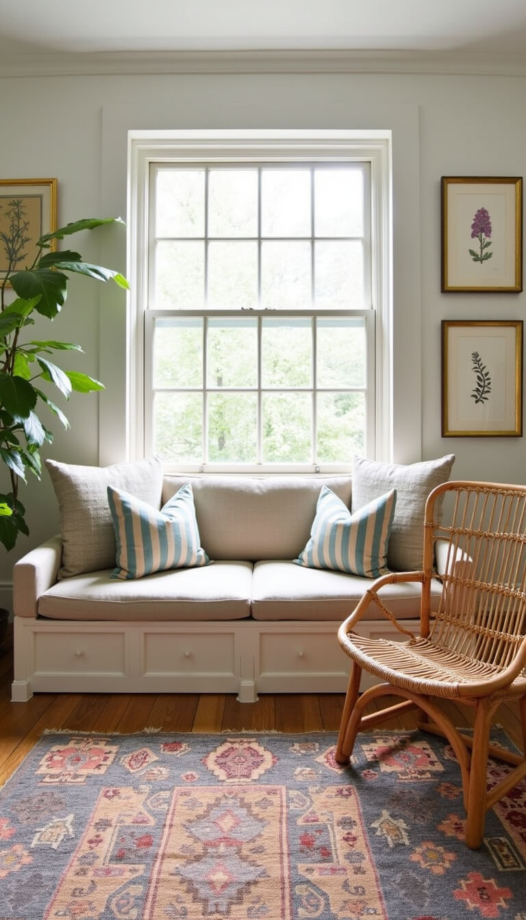 Bright 11x12ft living space with linen English roll arm sofa, rattan chairs, window seat with storage, botanical prints, and layered seagrass and kilim rugs.