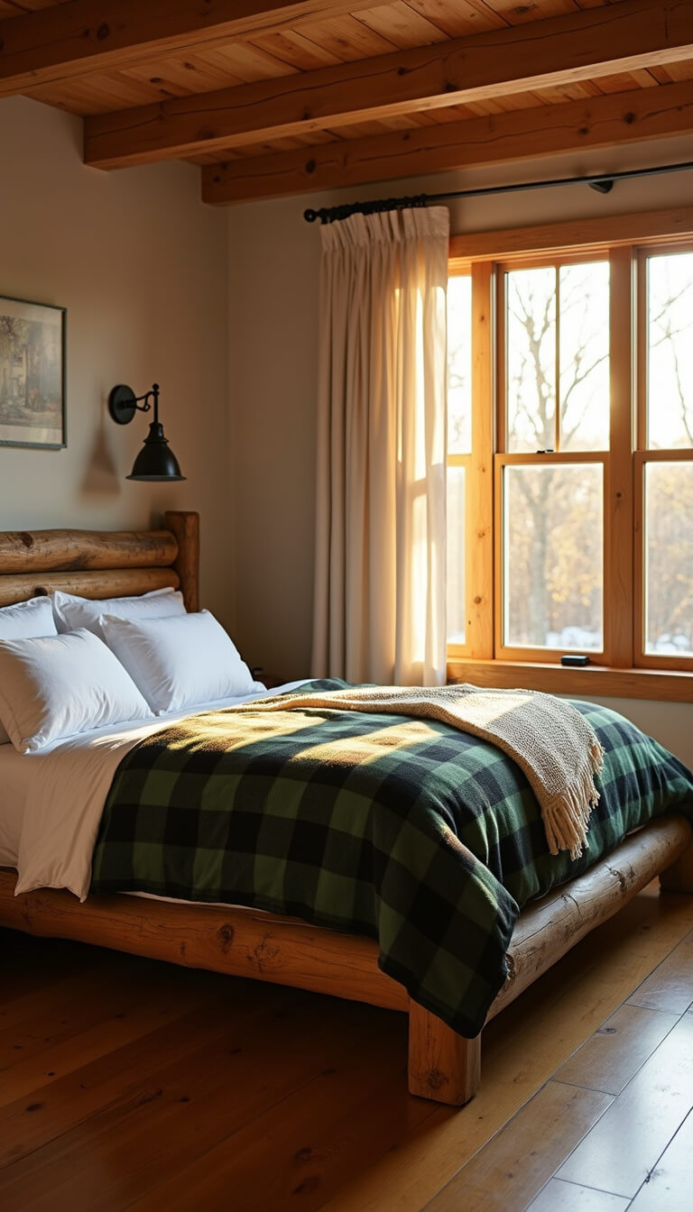 Cozy 12x14ft bedroom with golden hour light, log bed with forest green buffalo check duvet, cream knit throw, and reclaimed wood headboard.