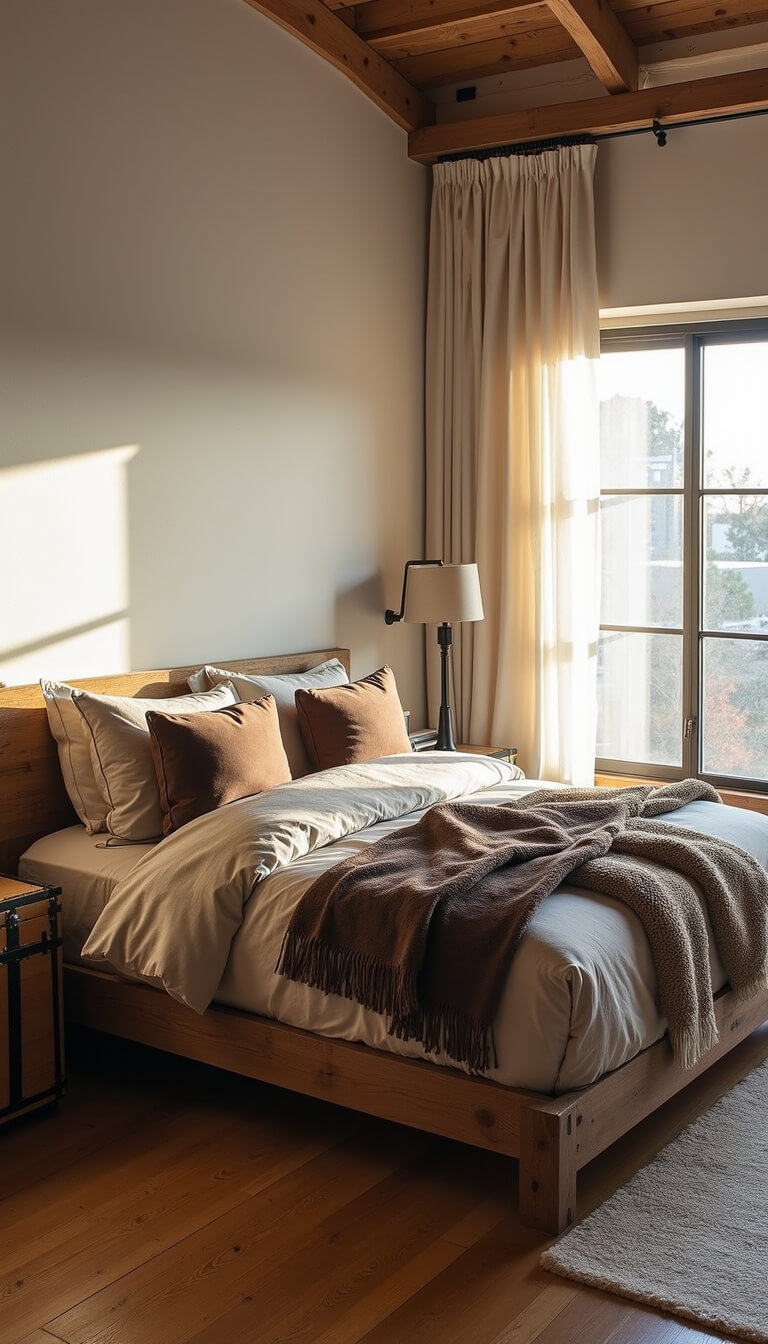 Cozy 10x12ft loft bedroom at dawn with soft light through sheer curtains, featuring a rustic oak platform bed with taupe linen, leather, and wool layers, flanked by vintage trunk nightstands.