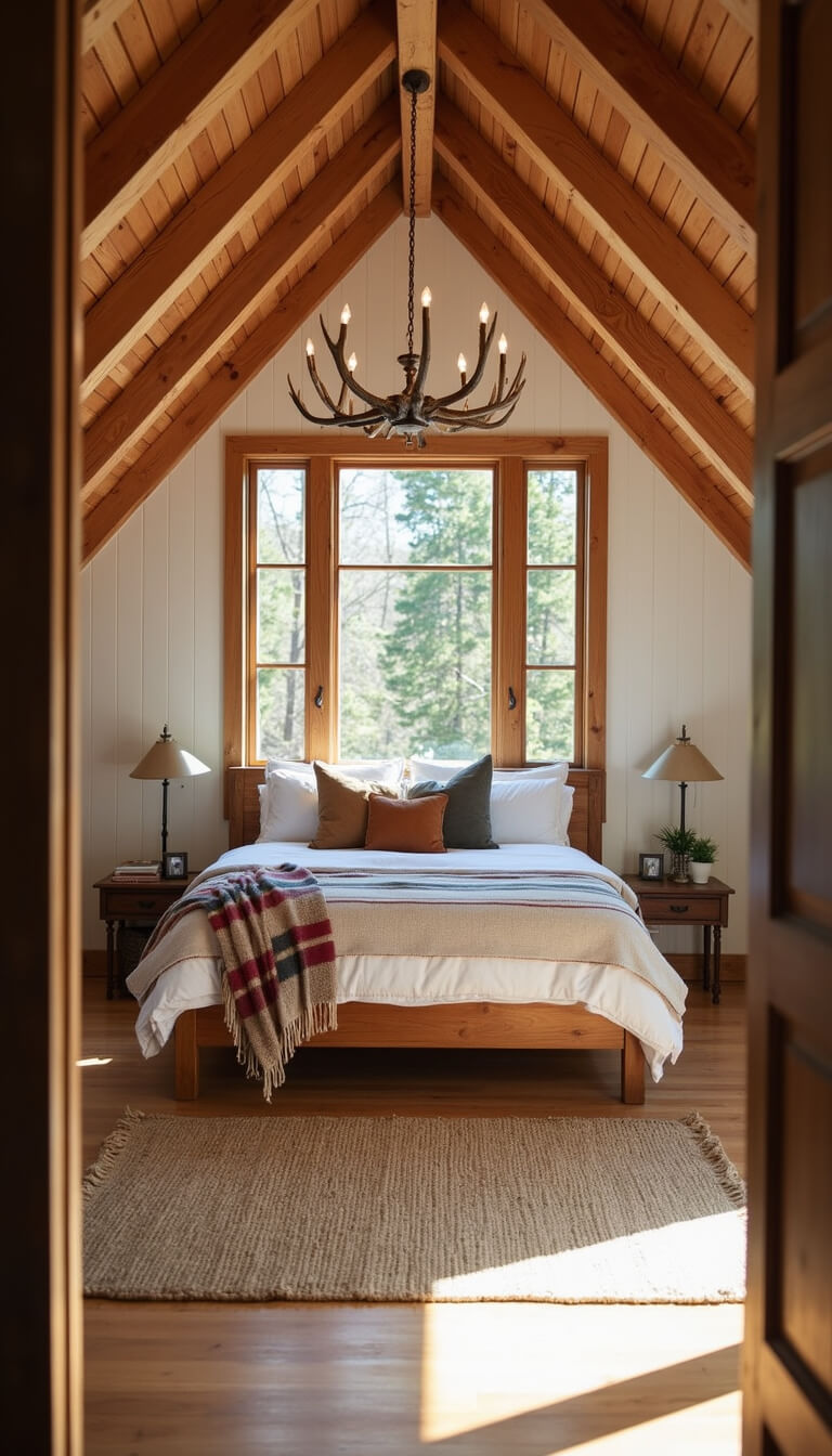 Sunlit cabin bedroom with cedar beams, antler chandelier, timber king bed, layered textiles, and warm white shiplap walls.