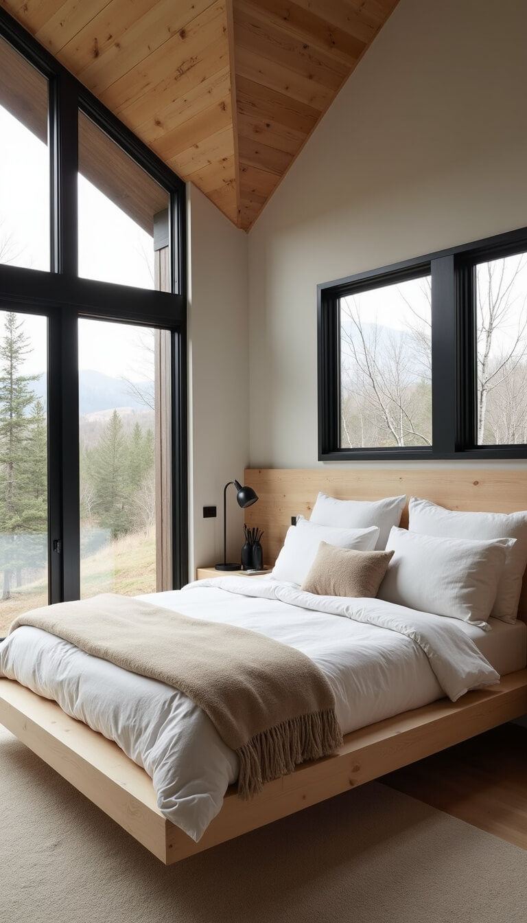 Modern mountain retreat bedroom with vaulted ceiling, minimalist bleached pine platform bed, layered neutral bedding, and black-framed windows illuminated by morning light.