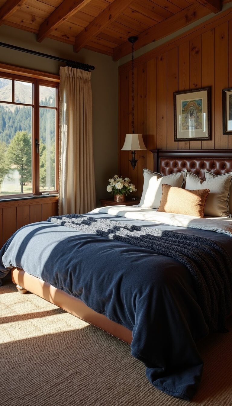 Rustic-luxe 12x14ft bedroom with tongue-and-groove ceiling, vintage leather bed, navy wool throws, copper accents, and afternoon sun casting shadows.
