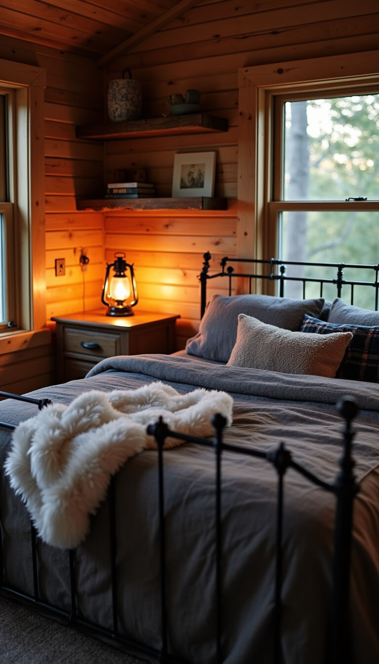 Cozy 10x12ft cabin bedroom at twilight with layered bedding on an iron bed and warm lantern lighting.