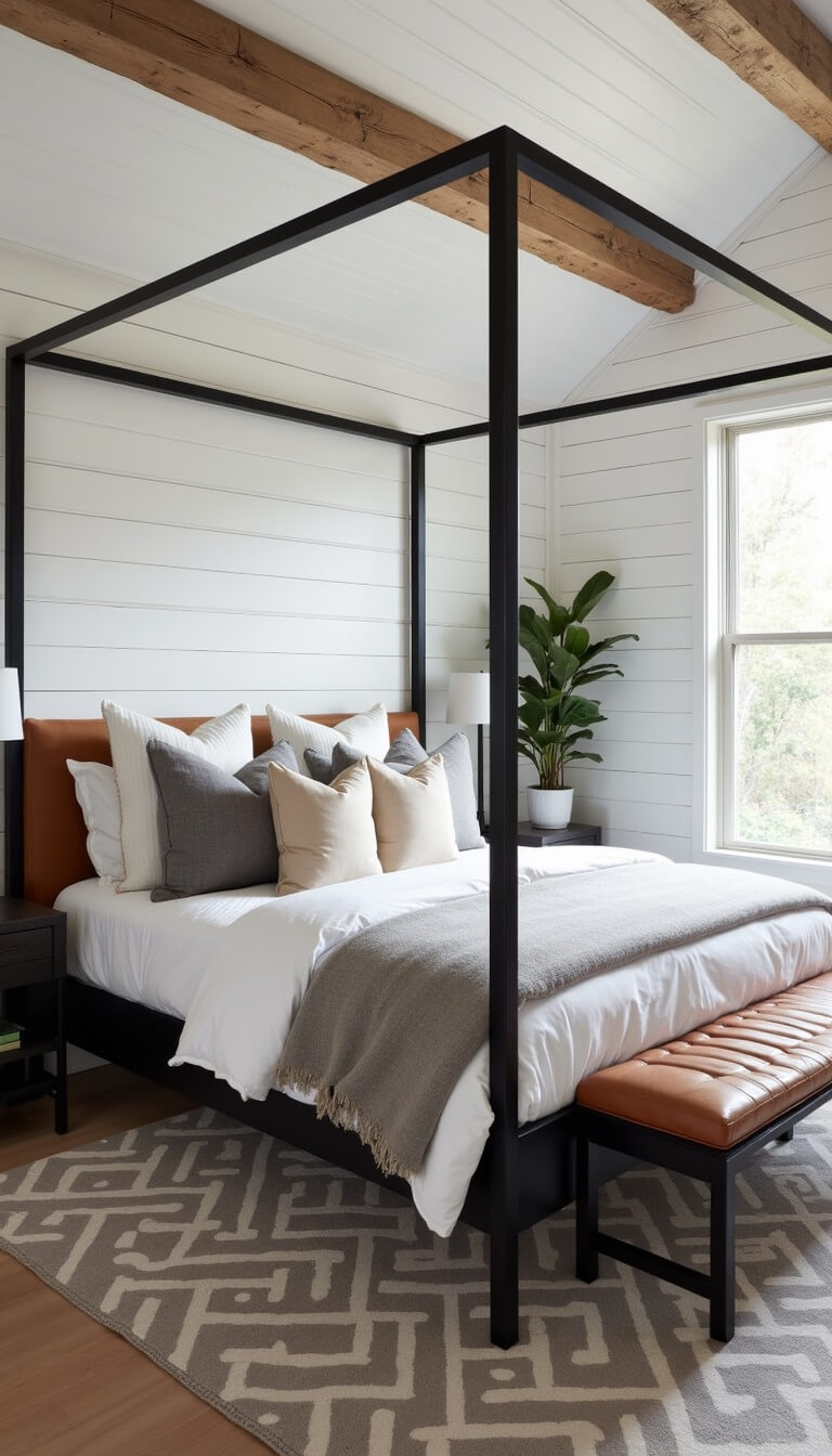 Bright 15x17ft bedroom with whitewashed log walls, black metal canopy bed, layered linens and leather accents, geometric rug, morning light streaming in.