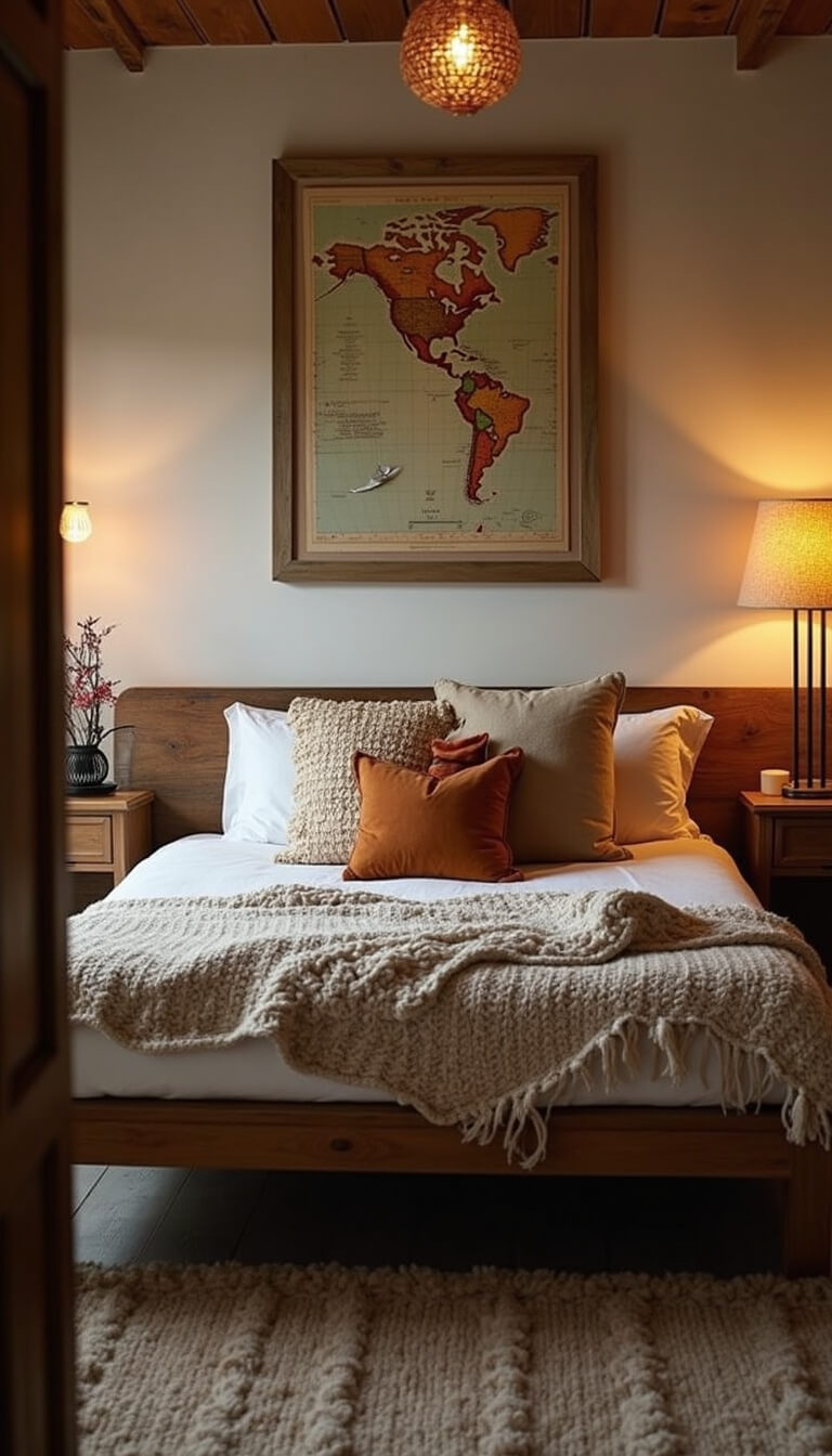 Cozy 11x13ft bedroom at magic hour with reclaimed wood platform bed, earth-toned textiles, vintage map art, and built-in nightstands.