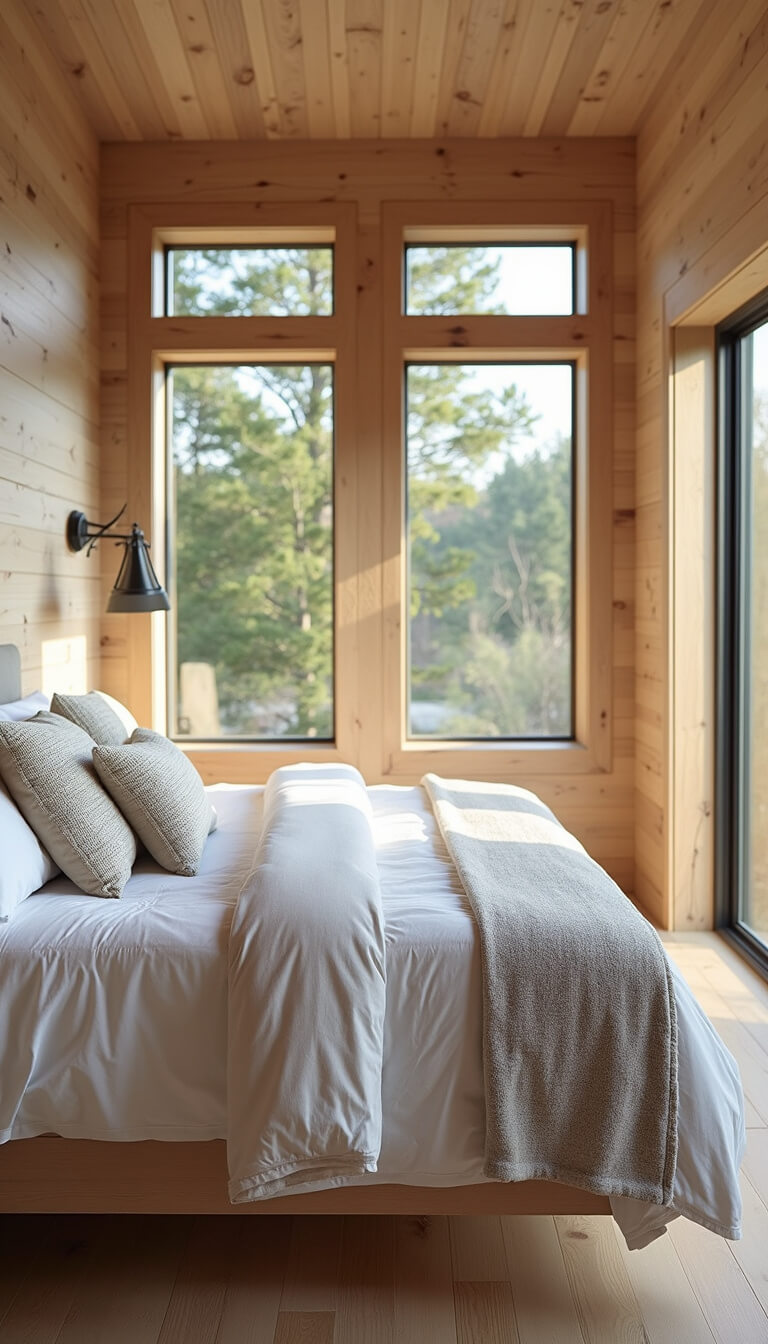 Contemporary 13x15ft cabin bedroom with floating bleached oak bed, minimalist warm white and greige bedding, large picture windows, black metal sconces, and natural afternoon light.
