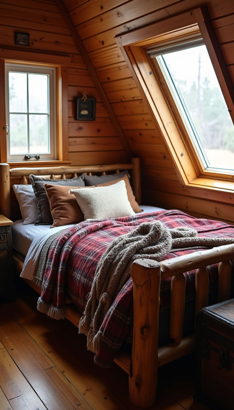 Cozy 10x11ft bedroom with dormer windows, early morning light highlighting a traditional log bed with plaid wool, knits, and leather accents; vintage trunk nightstand and warm wood tones throughout.