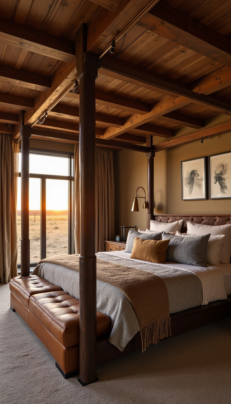 Spacious 16x18ft bedroom at sunset with a king-size timber bed, layered earth-tone textiles, and antique copper lighting.