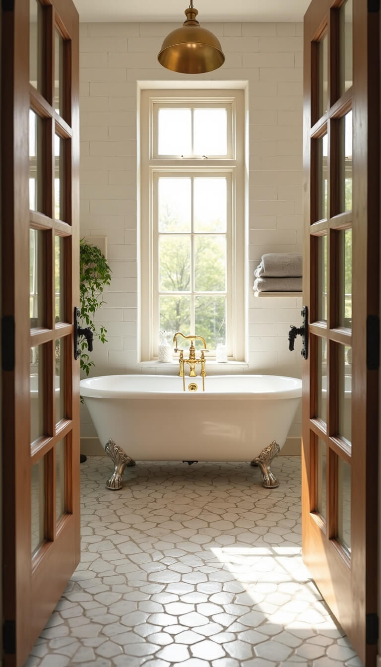 Sunlit vintage modern bathroom with clawfoot tub, marble hex tile floor, white subway walls, brass fixtures, and elegant decor at golden hour.