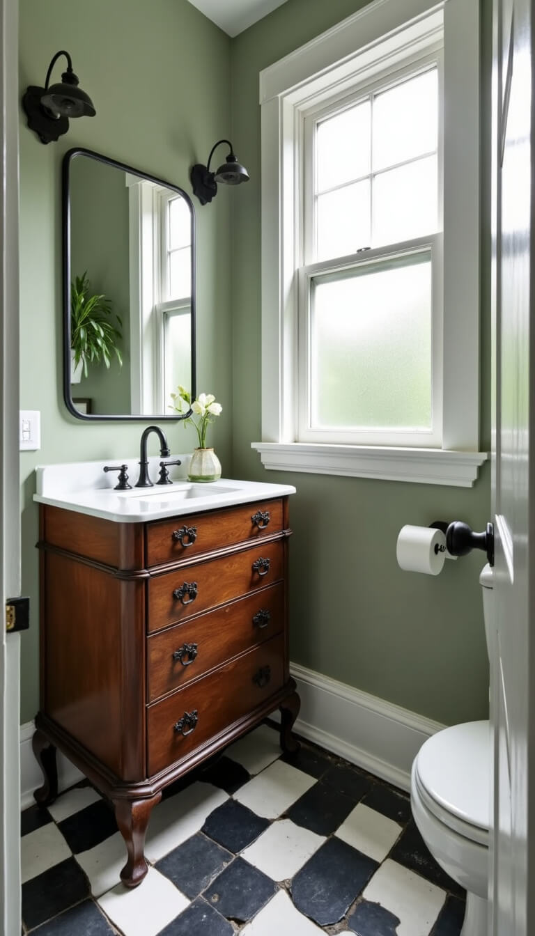 Wide-angle view of a 6x8 powder room with 1920s black and white checkerboard floors, sage green walls, white trim, walnut antique vanity with matte black hardware, and natural light from a frosted window.