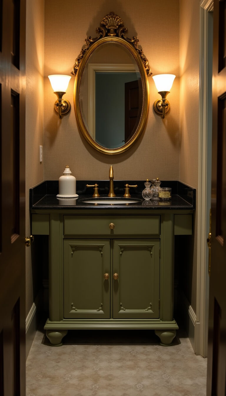Olive green vanity with brass pulls and black granite top in a cozy powder room, featuring a vintage brass mirror, milk glass sconces, and crystal perfume bottles on grasscloth wallpaper backdrop.
