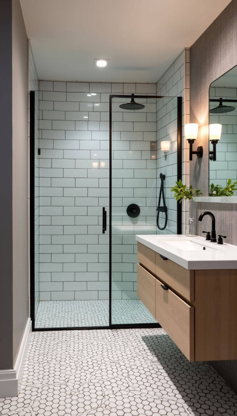 Twilight view of master bath featuring black-framed glass shower, full-height white subway tiles with dark grout, floating bleached oak vanity, and vintage hex tile floor.