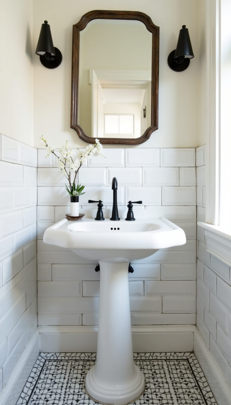 Bright morning bathroom with 1930s pedestal sink, matte black faucet, white subway tile, geometric floor tiles, and vintage art deco mirror.