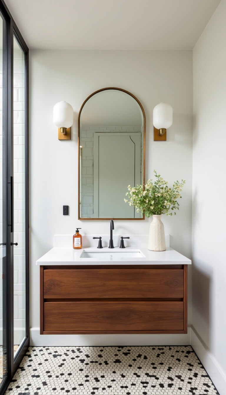 Minimalist modern bathroom with floating walnut vanity, white quartz countertop, vintage beveled mirror, globe pendants, and restored cream and black hex tiles.