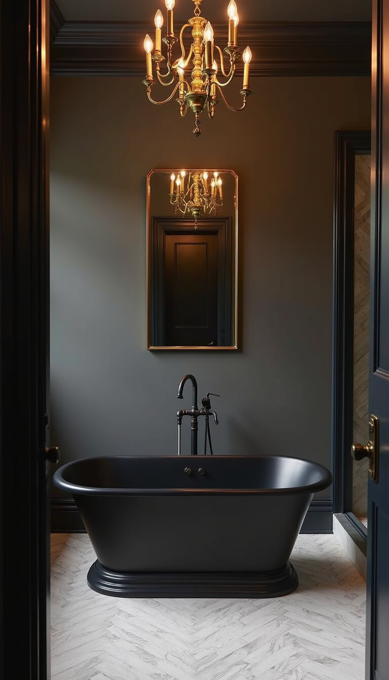 Luxurious primary bathroom at evening with matte black freestanding tub, vintage brass chandelier, herringbone marble floor, and modern glass shower.