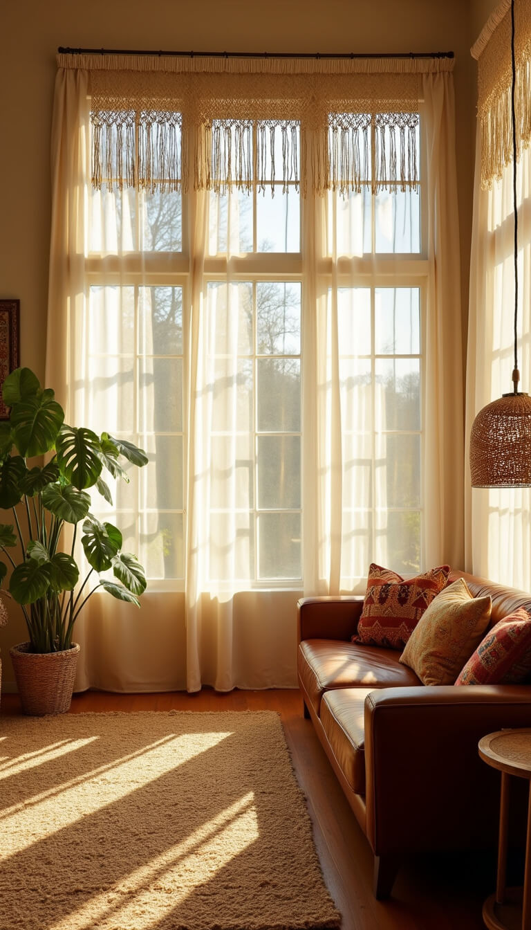 Sunlit boho living room with leather sofa, macramé curtains, jute rug, and vintage accents under golden hour light.