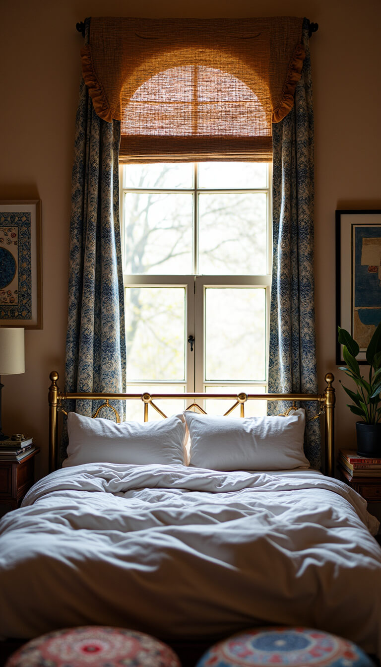 Global eclectic bedroom with brass bed, vintage sari valance, indigo and ochre block-printed curtains, and carved side table with Moroccan poufs in soft morning light.