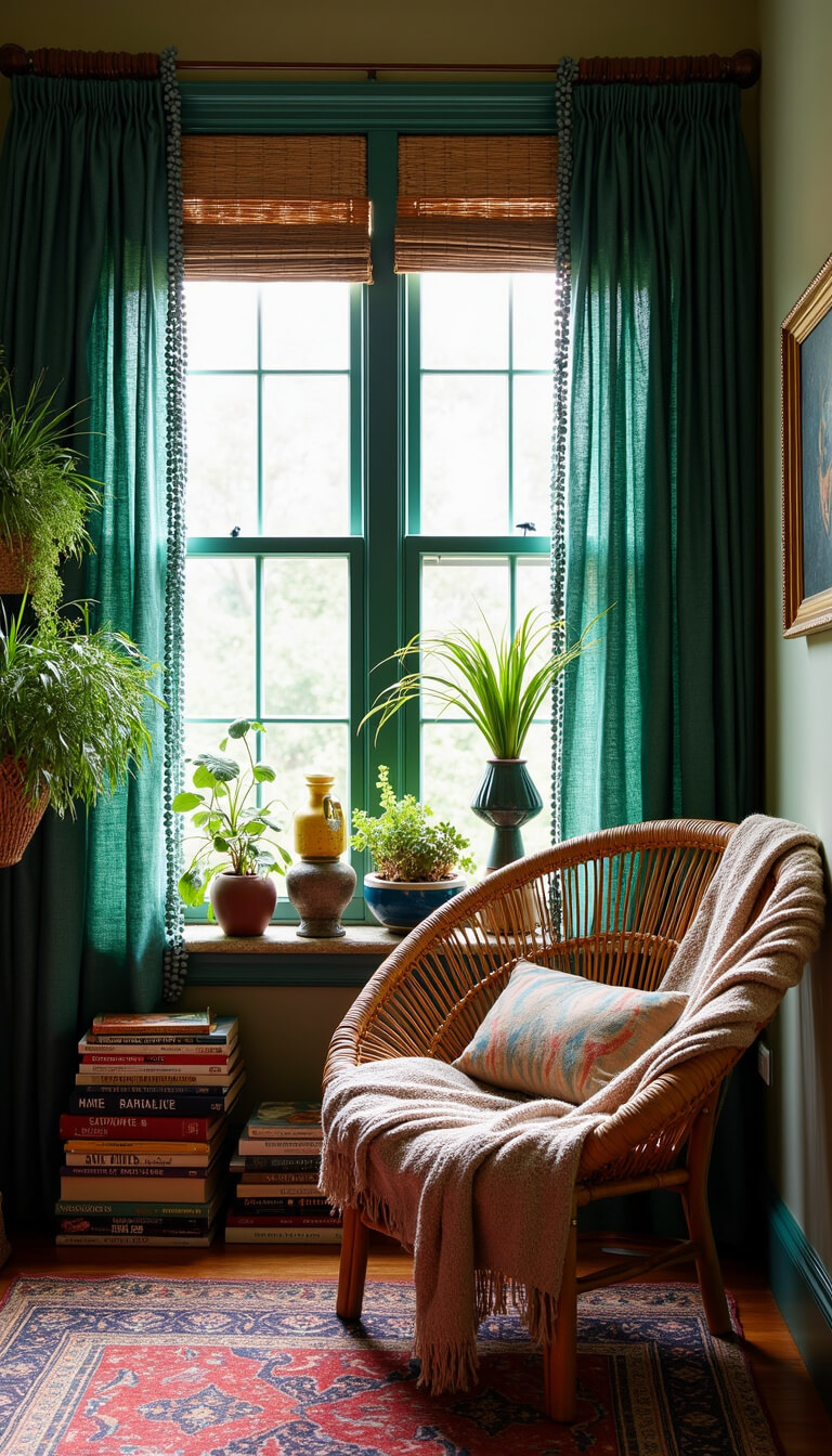 Bohemian reading nook with rattan peacock chair, beaded curtains, vintage books, hanging plants, and jewel-toned accents in bay window alcove.