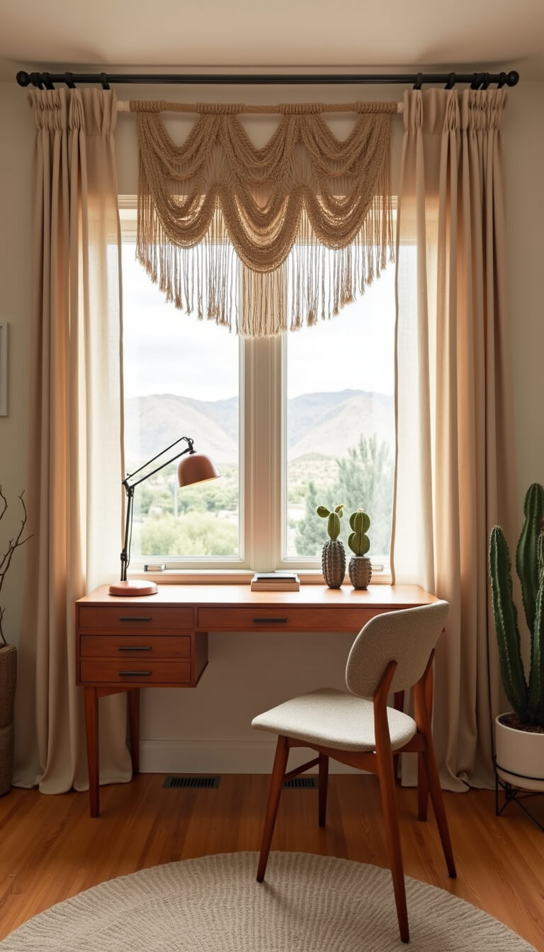 Desert modern home office with teak desk, copper lamp, macramé curtain topper, sheer neutral drapes, cacti on double windowsill, and warm sand and sage tones.