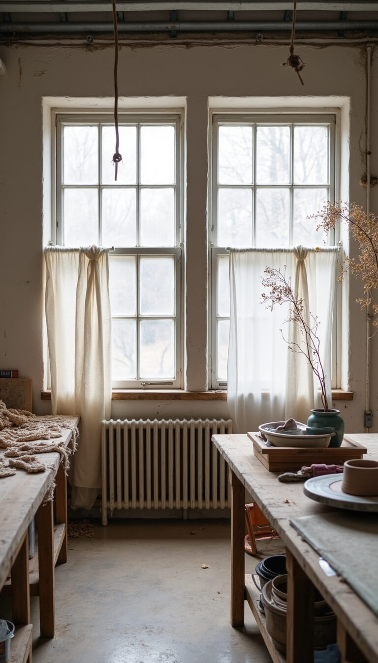 Artisan workshop with raw wood workbench, pottery wheel, dried flowers, and handwoven tapestry panels framing north-facing industrial windows with muslin curtains.