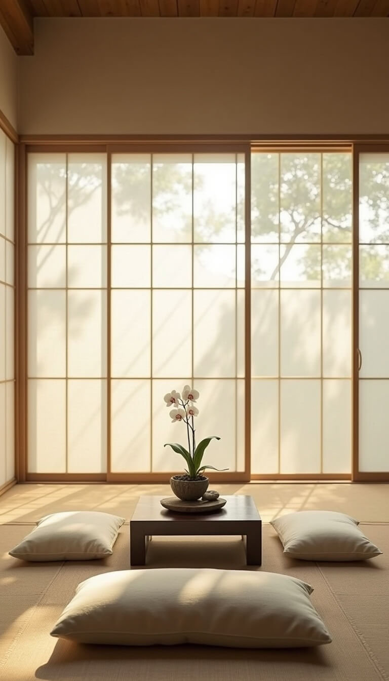 Zen meditation room with shoji-style screens, linen floor cushions, low wooden altar, river stones, and orchid, bathed in soft dawn light.