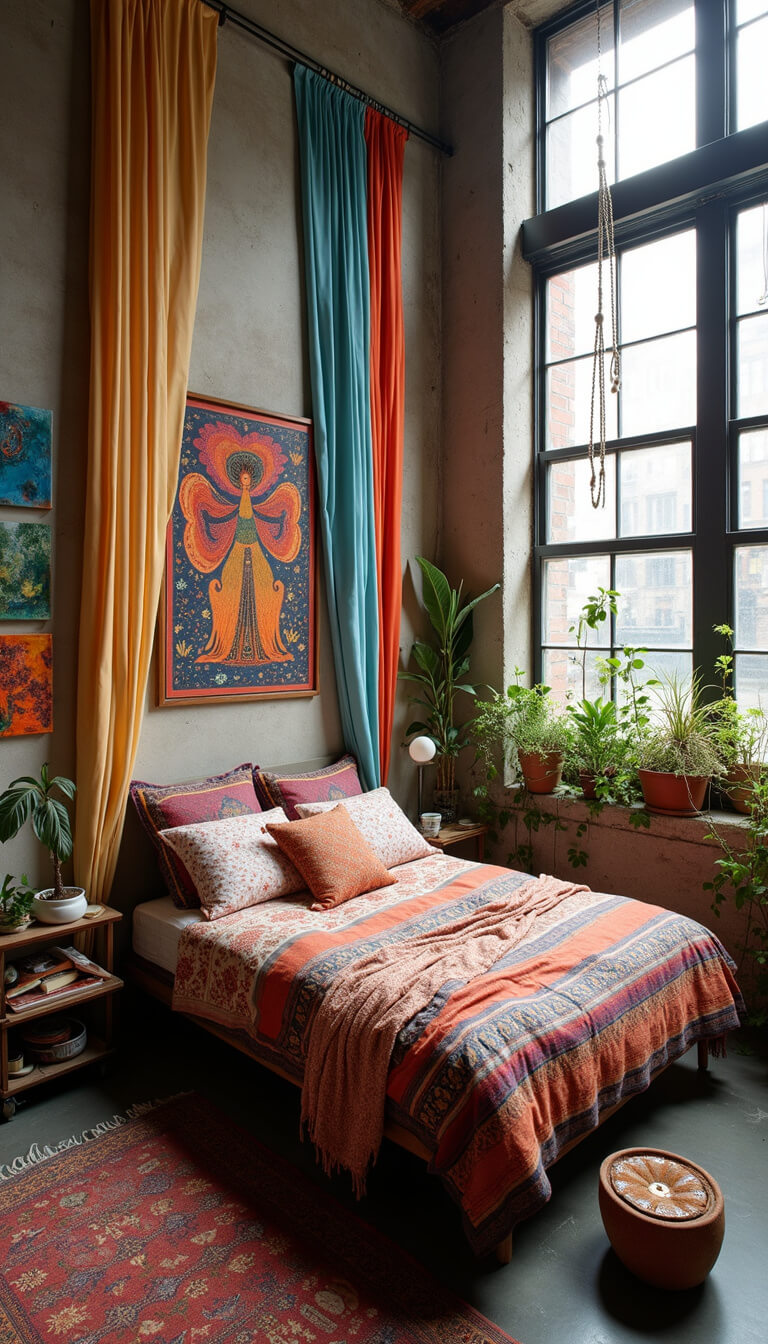 High-angle view of an artist's loft bedroom with factory windows, jewel-toned textiles, abstract art, and trailing plants in an industrial space.
