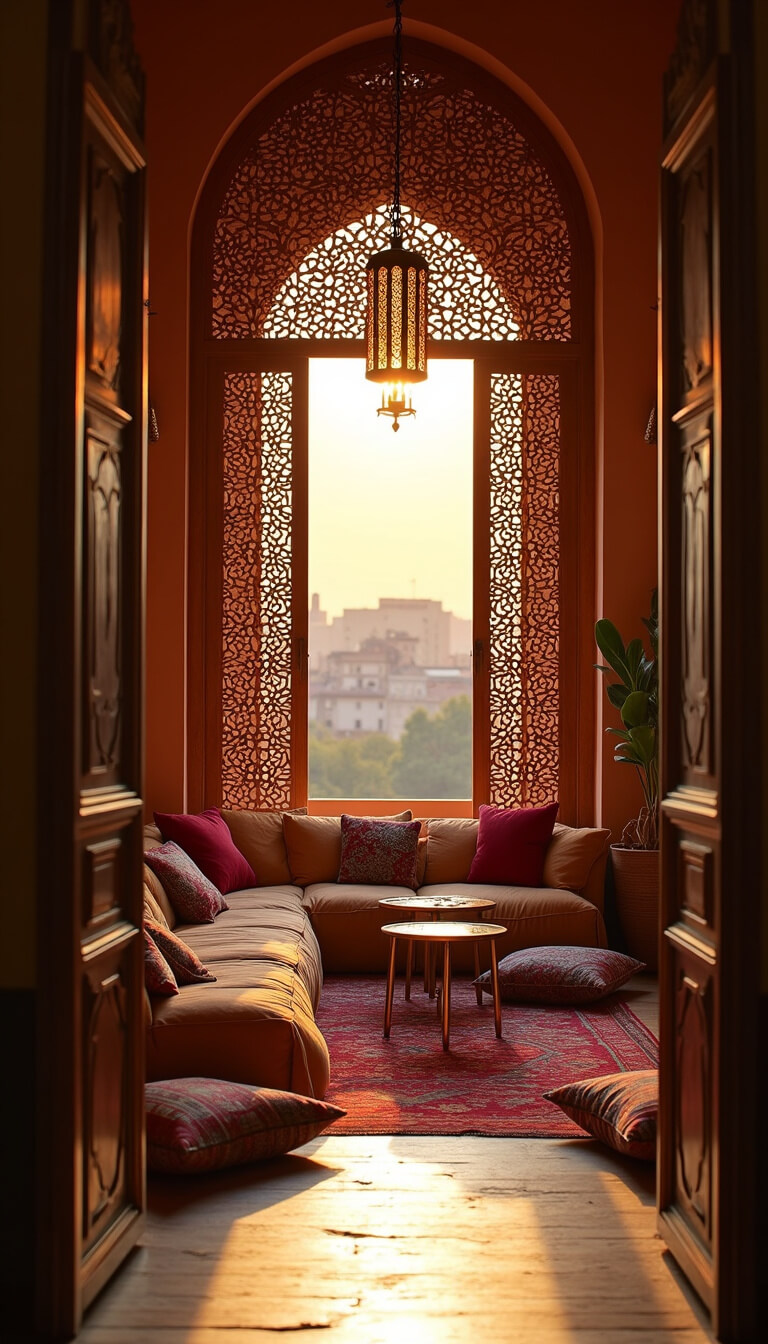 Moroccan lounge with sunset glow, featuring carved wooden screens over metallic sheers, vintage kilim floor cushions, brass side tables, and hanging lanterns in saffron, cinnamon, and burgundy hues, viewed through arched doorway.