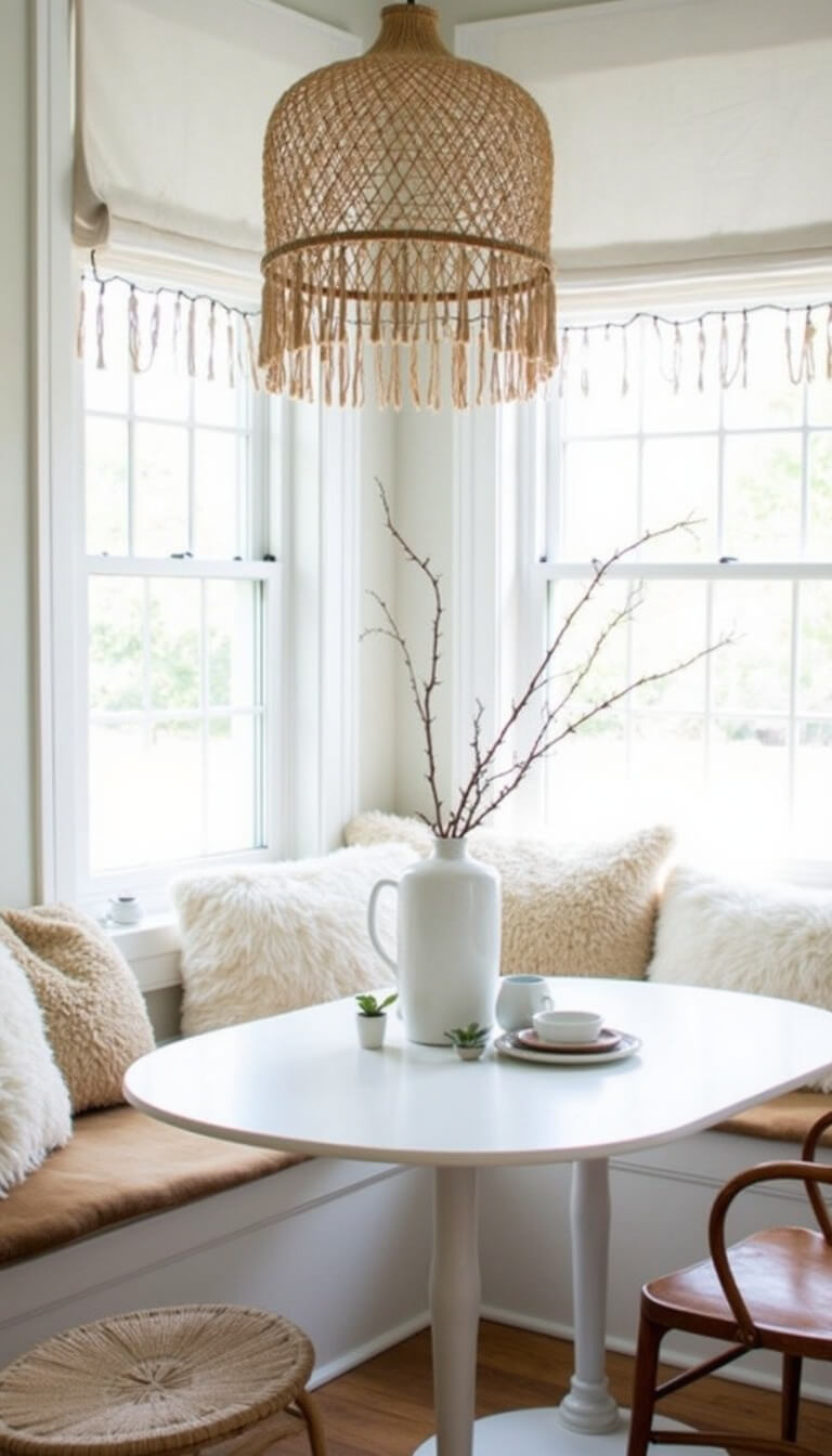 Scandinavian boho breakfast nook with built-in bench, sheepskin throws, linen café curtains with handmade tassels, rattan pendant light, and minimal ceramic decor in warm wood and white tones.
