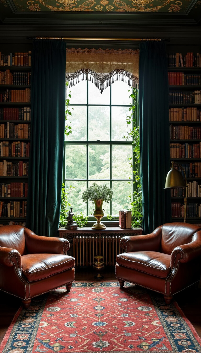 Victorian Bohemian library with stormy light, velvet curtains, leather chesterfield, oriental rug, brass lamp, curiosities, and trailing ivy in moody jewel tones.
