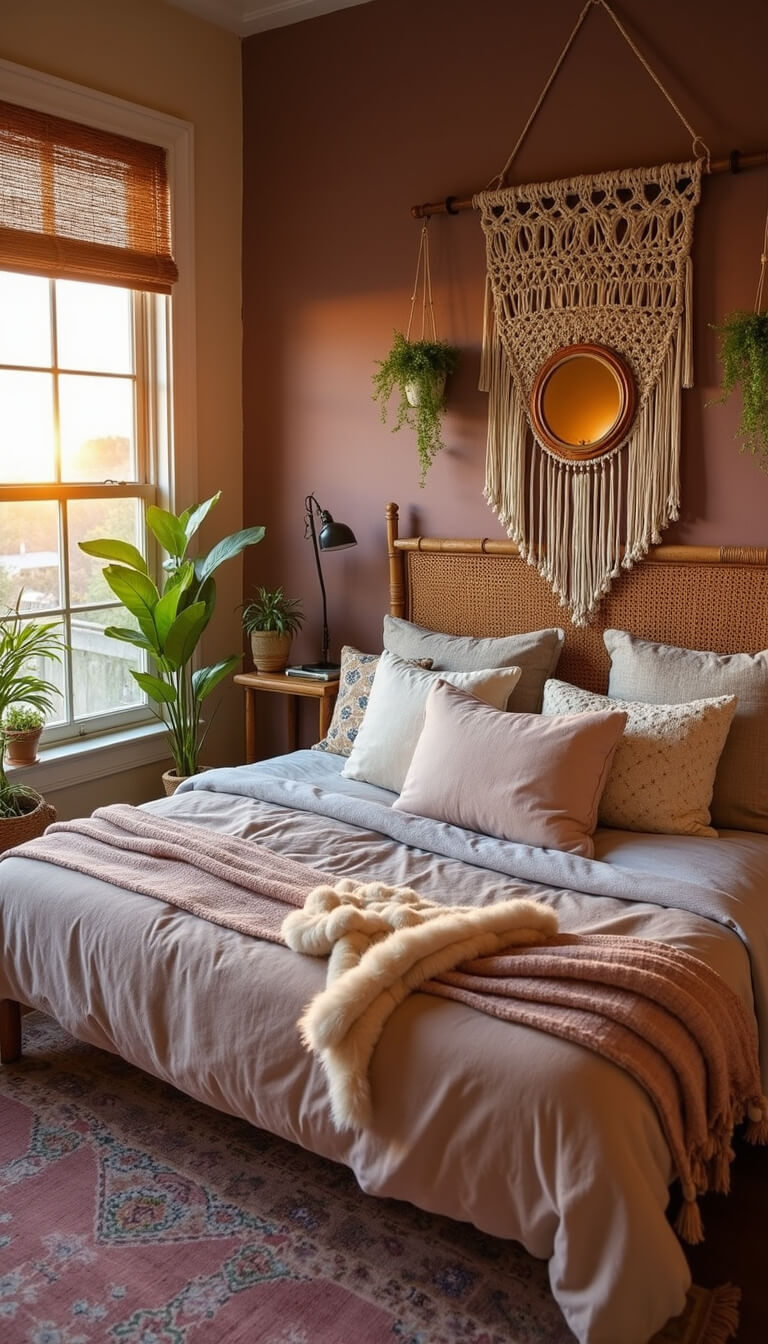 Boho-chic bedroom with mauve accent wall, rattan headboard, vintage Moroccan rug, layered textiles, hanging plants, and warm golden hour lighting.