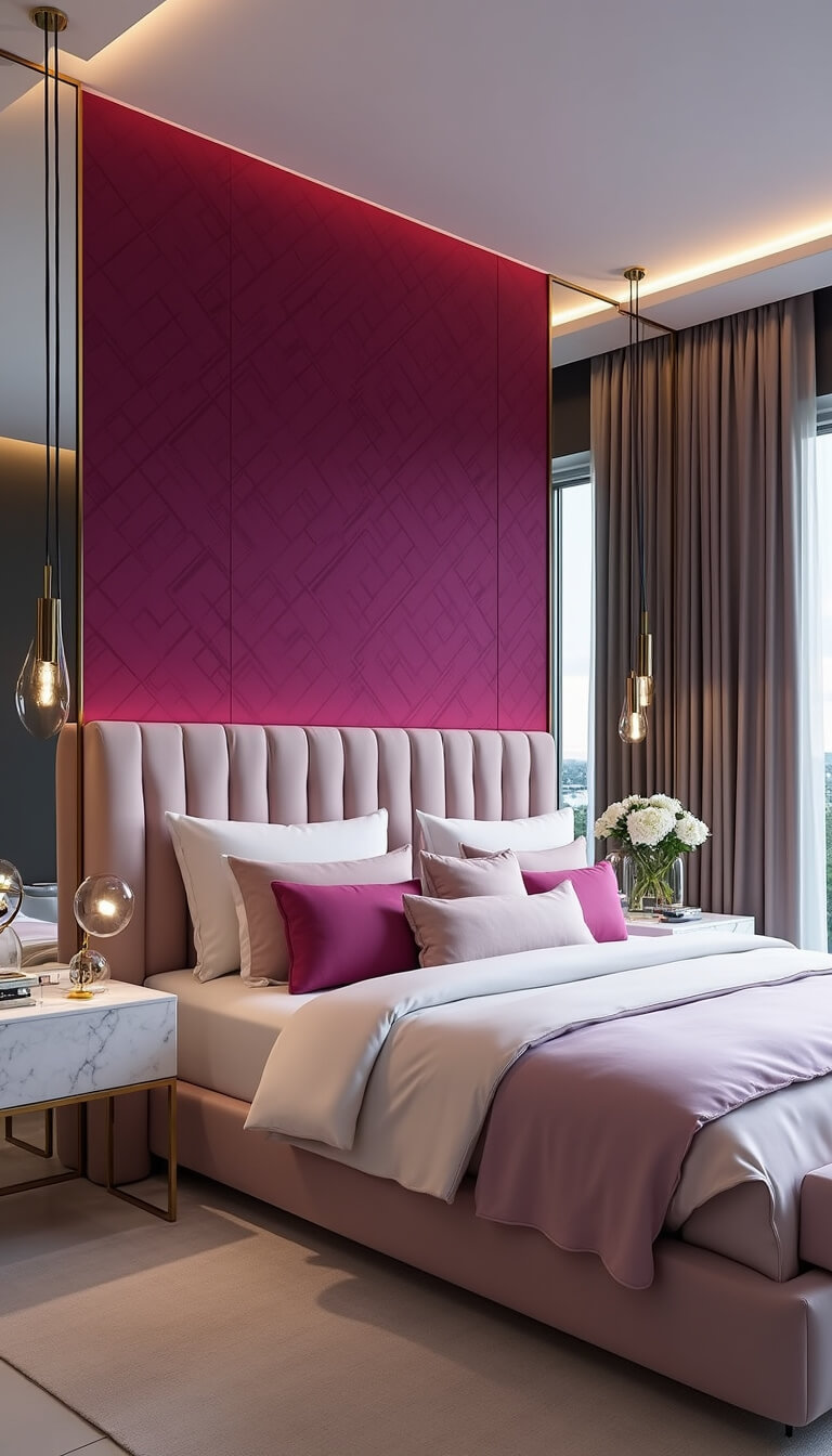 Contemporary 16x18ft master suite at dusk with dramatic fuchsia geometric feature wall, pale pink tufted velvet headboard, chrome lighting, white marble side tables, metallic curtains, and minimalist decor.