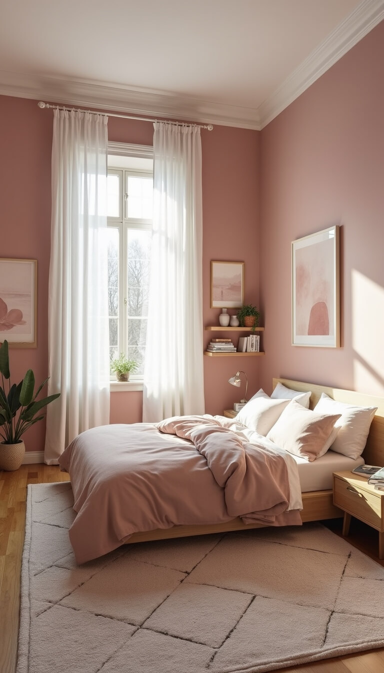 Minimalist 10x12ft bedroom with dusty pink walls, platform bed, geometric rug, and natural morning light through white linen curtains.