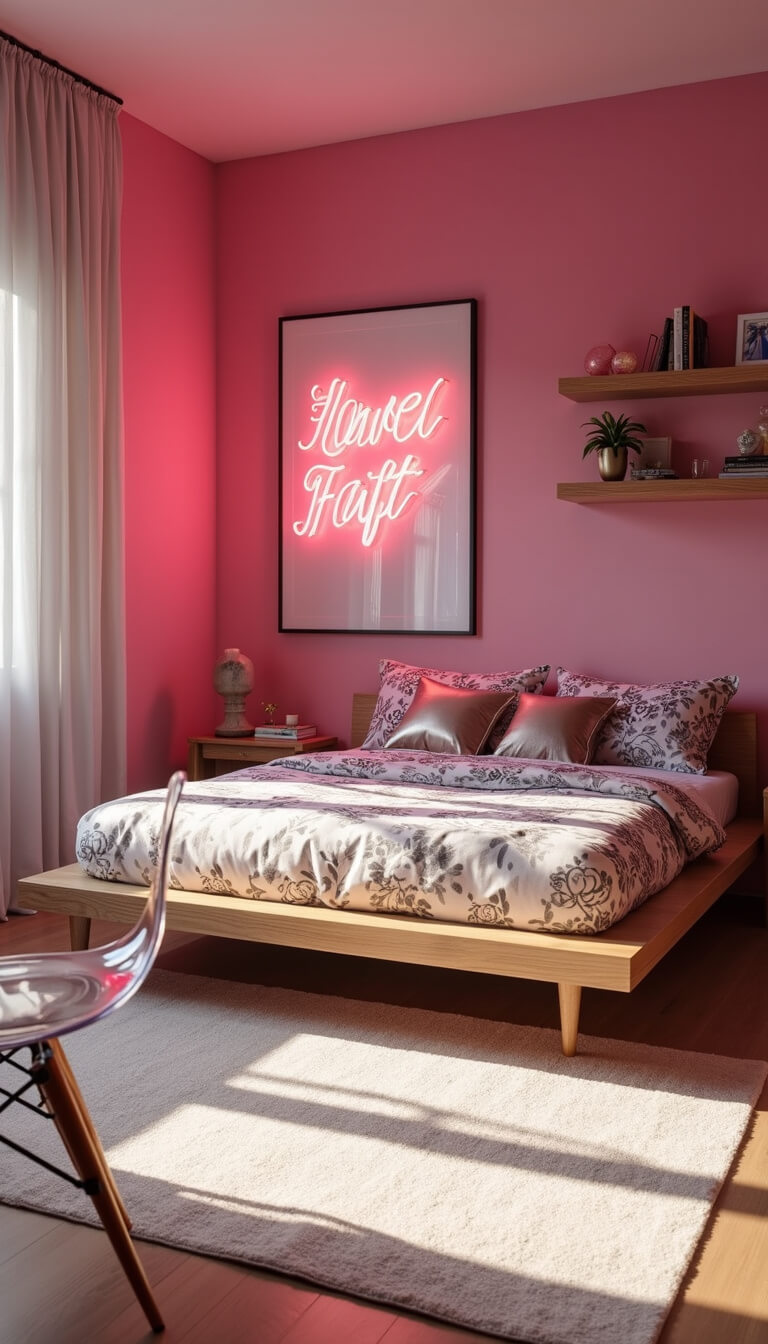 Teen bedroom with bold pink color-blocked walls, neon art, mid-century bed with graphic bedding, ghost chair, floating shelves, and geometric mirrors in afternoon sunlight.