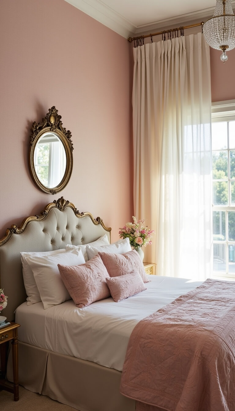 Romantic 12x14ft bedroom at sunrise with tufted linen headboard, pale pink grasscloth wallpaper, antique brass bed with vintage linens, ornate mirror, crystal lamp, floral arrangements, and dreamy light through sheer drapery.