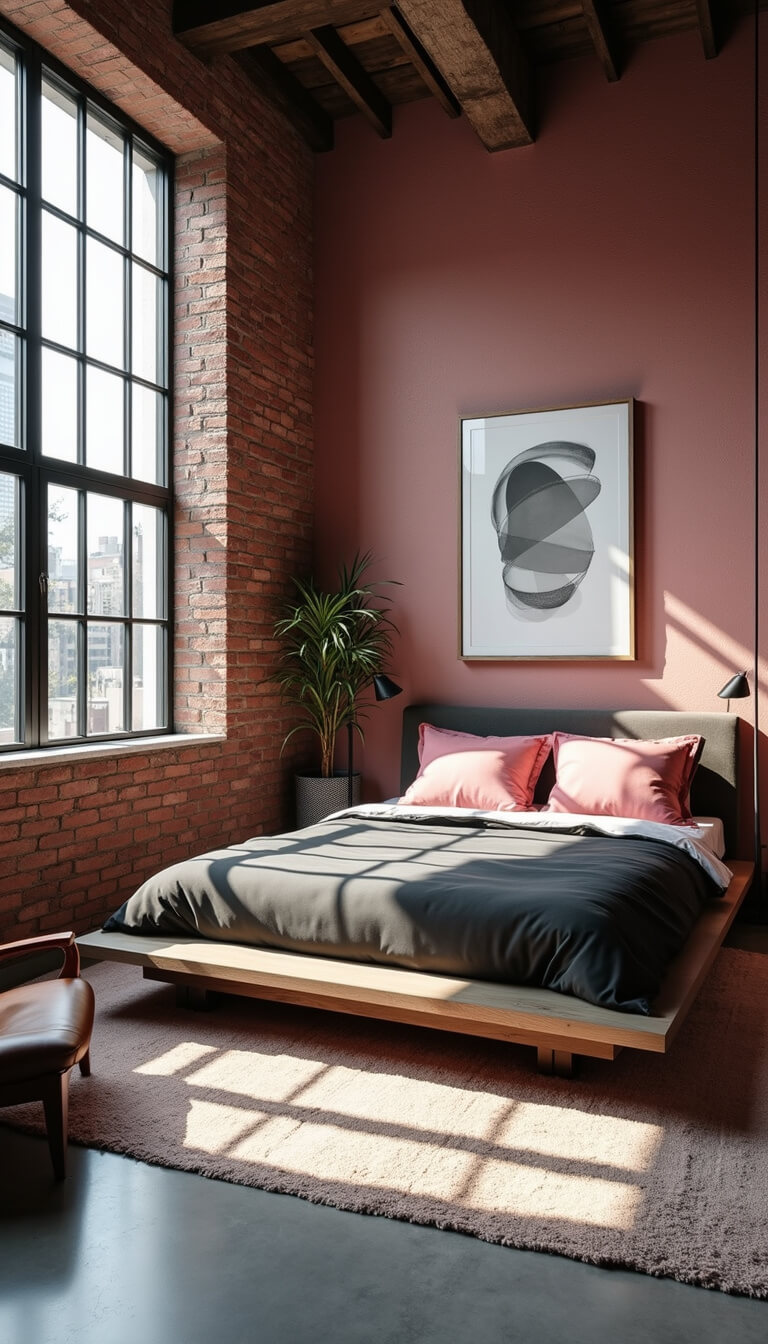 Industrial-chic loft bedroom with matte pink brick walls, black steel windows, charcoal bedding, and dramatic sunlight on concrete floors.