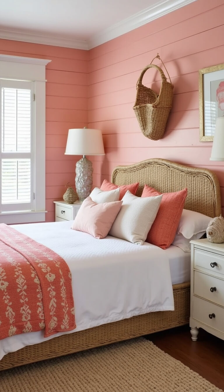 Coastal bedroom with salmon pink shiplap walls, rattan bed, white linens, coral accents, and nautical decor in bright natural light.