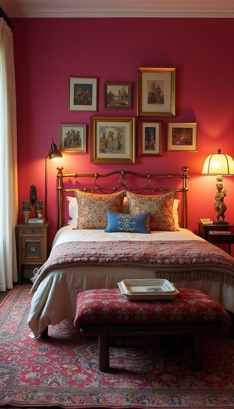 Eclectic 15x17ft bedroom with hot pink accent wall, vintage brass bed, Persian rugs, global textiles, gallery wall, mixed metallics, and warm layered lighting in evening glow.