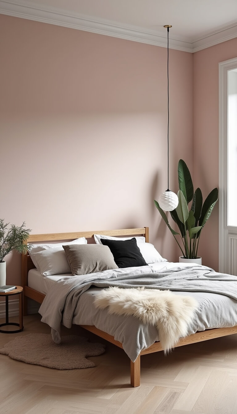 Scandinavian 11x13ft bedroom at dawn with pale pink walls, minimalist wood bed, sheepskin throws, geometric textiles, and curated plants in cool morning light.